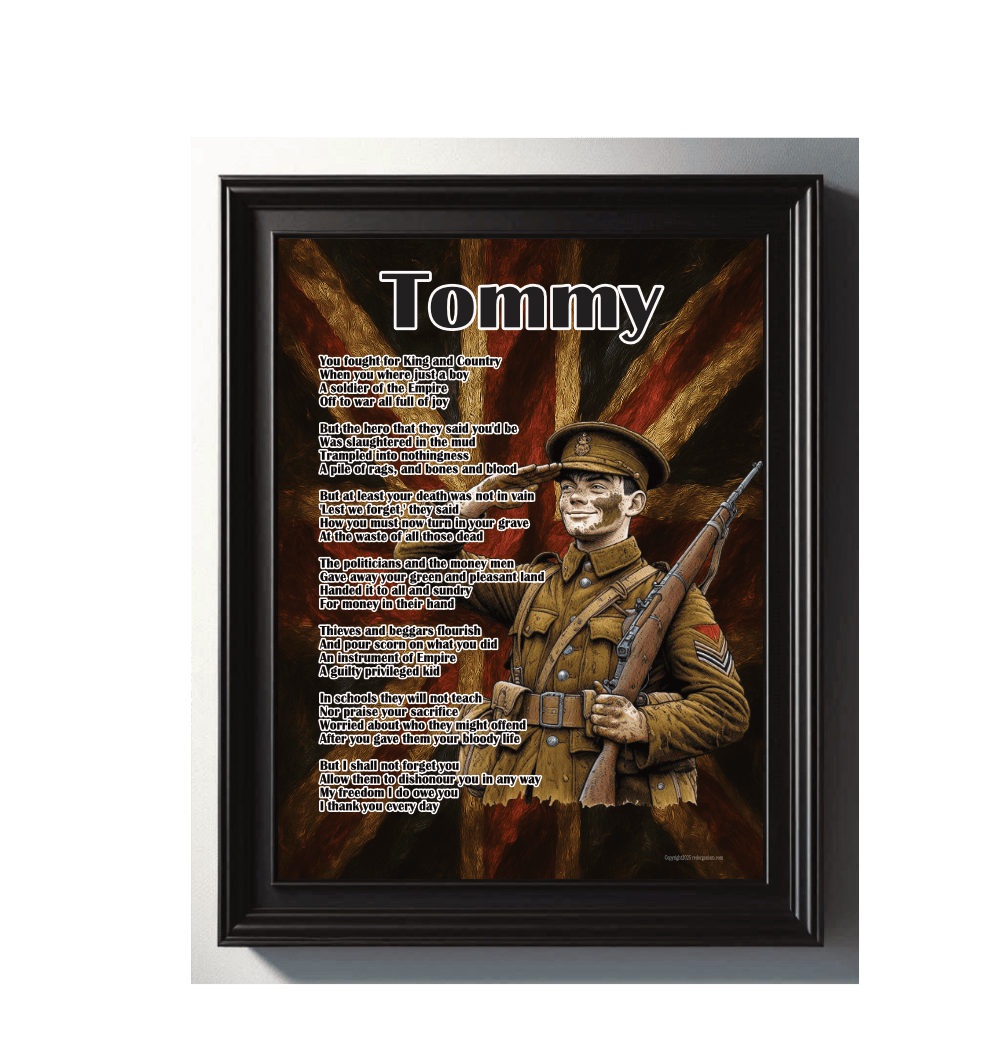 Framed artwork of a soldier with a rifle on a Union Jack background, featuring the text 'Tommy'.