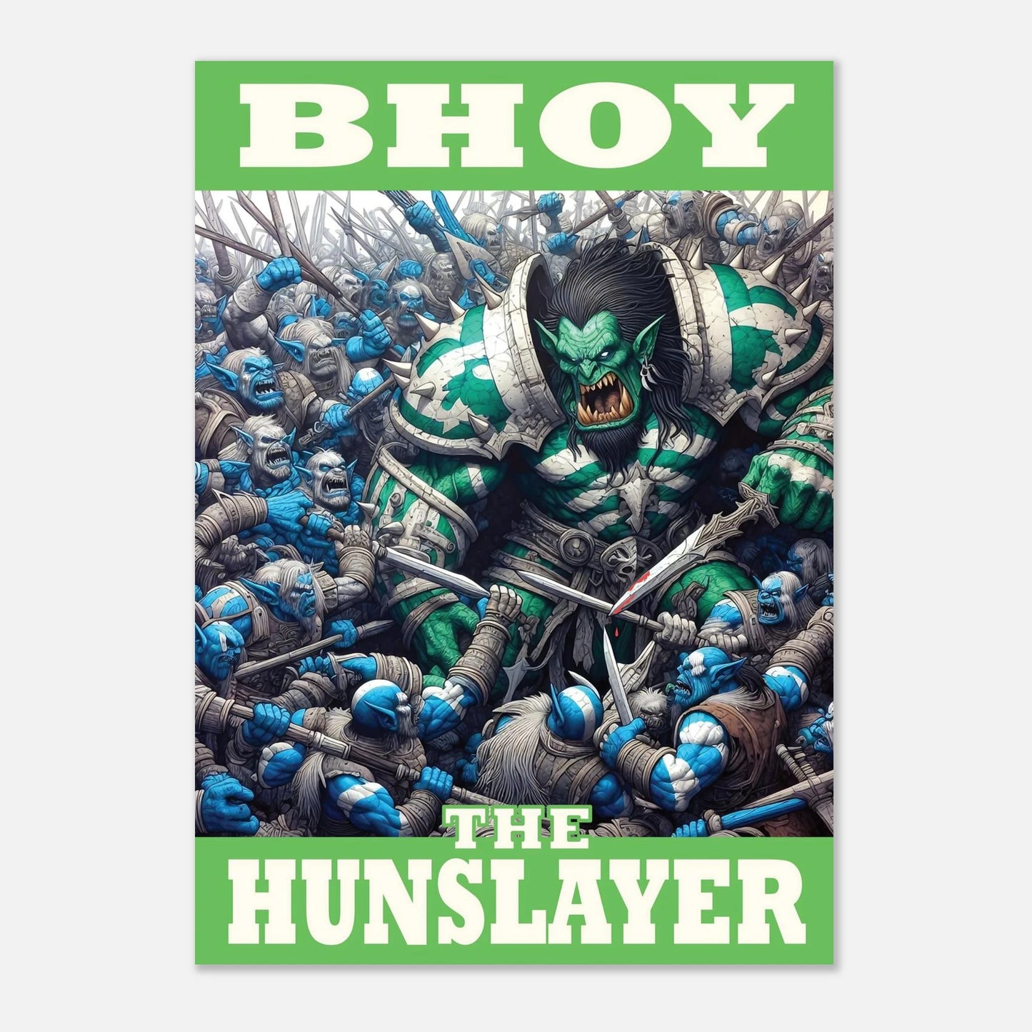 Poster of a green and white warrior called BHOY in battle