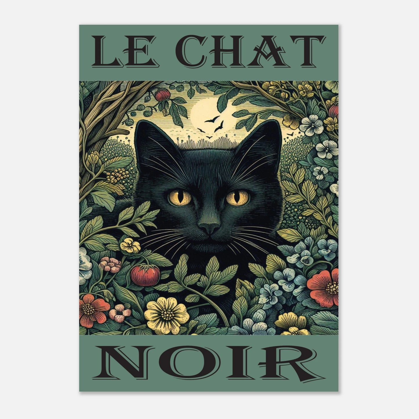Art print of a black cat surrounded by foliage with 'Le Chat Noir' text.