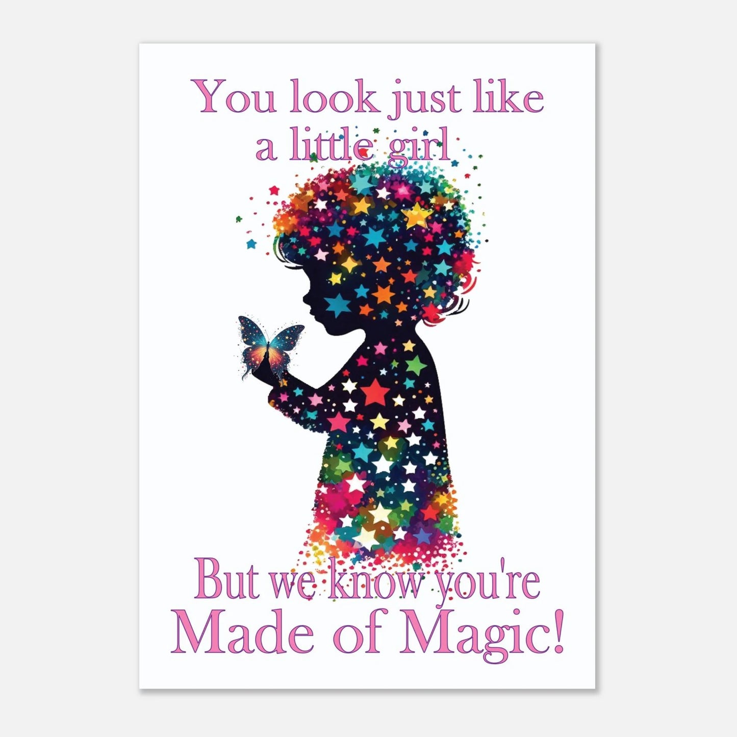 Silhouette of a girl with colorful hair and stars, holding a butterfly, with text on a white background.