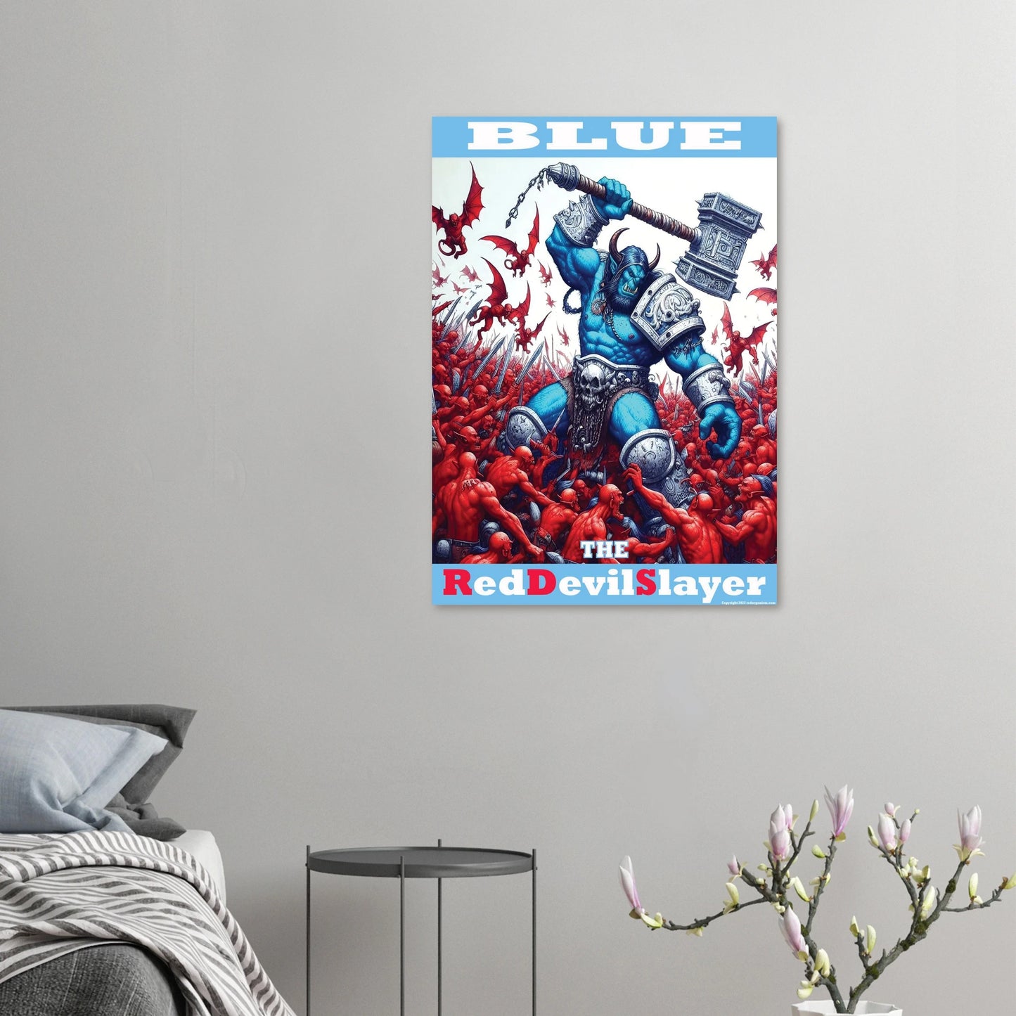 Poster of a character labeled 'The Red Devil Slayer' on a gray wall above a bed.