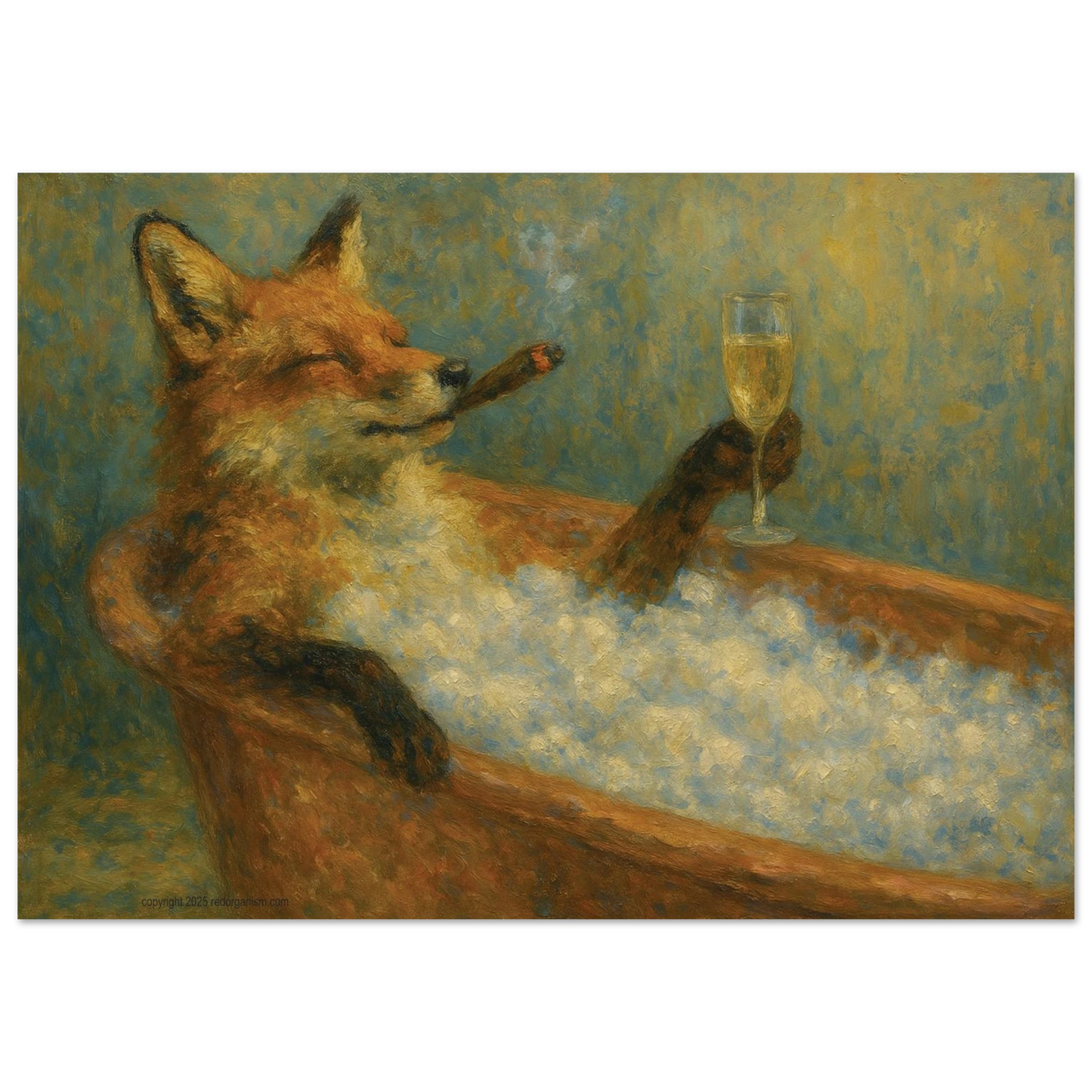 Wall art print of a fox in a bathtub with a glass of champagne