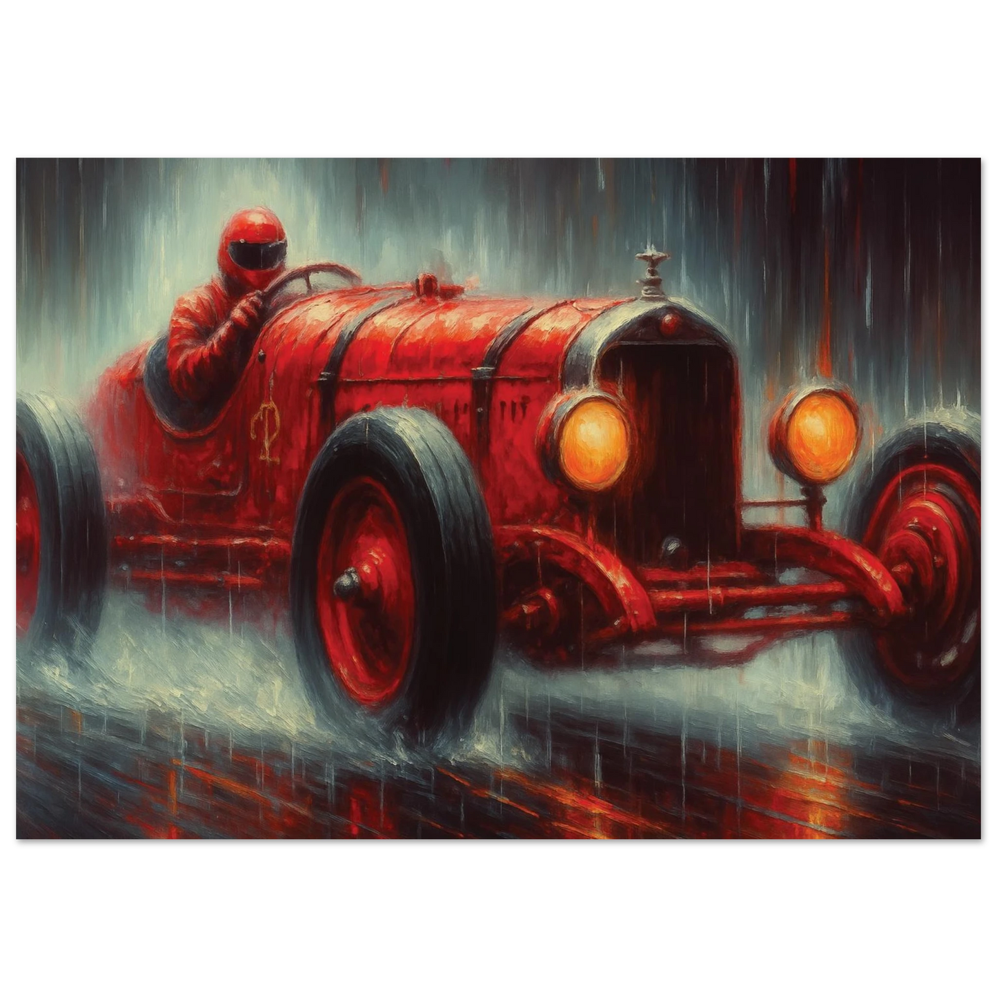 Vintage red race car wall art on a wet road with a person inside, set against a dark, rainy background.