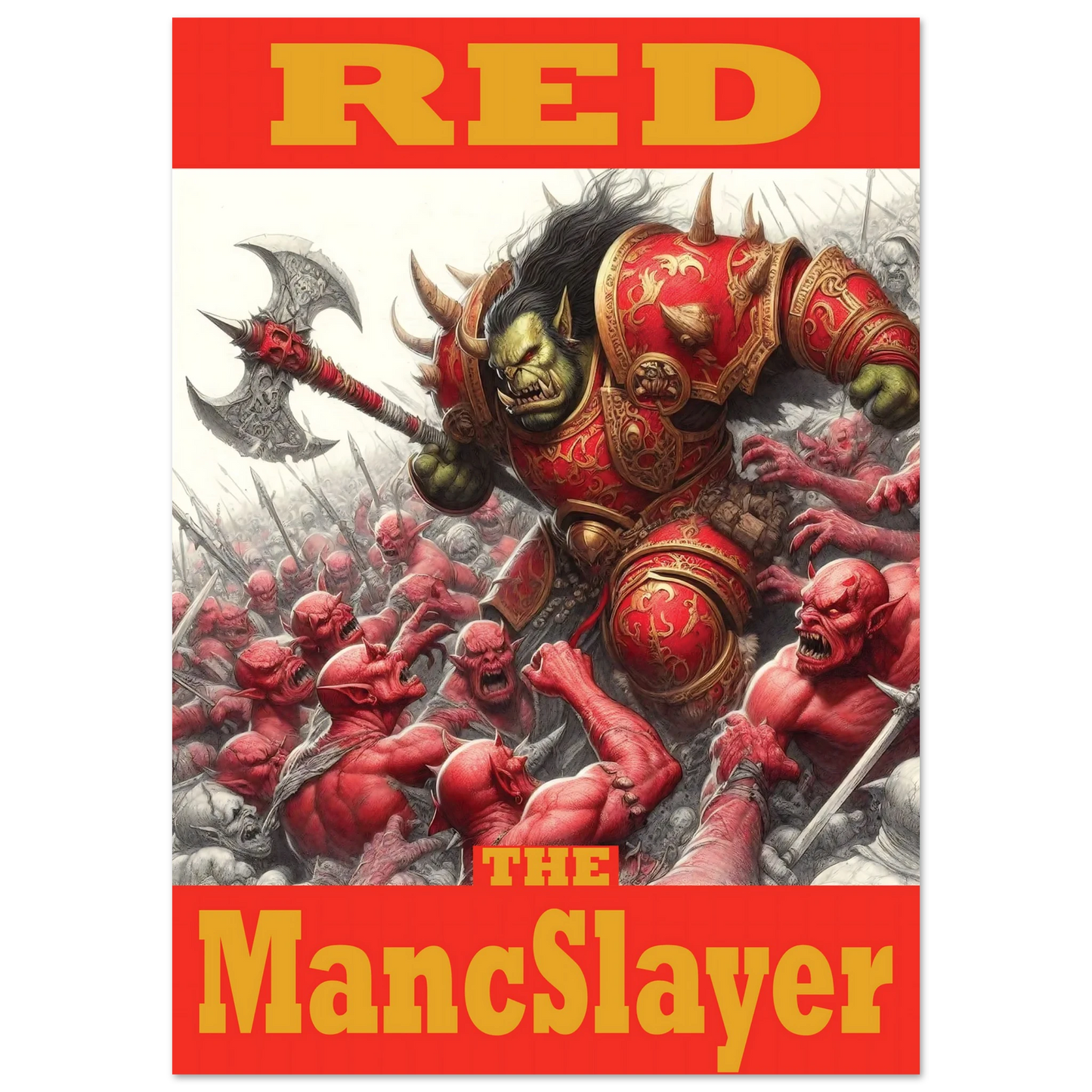 Vivid Posterfeaturing a warrior in red and gold armour amidst red Devils with 'RED The MancSlayer' text.