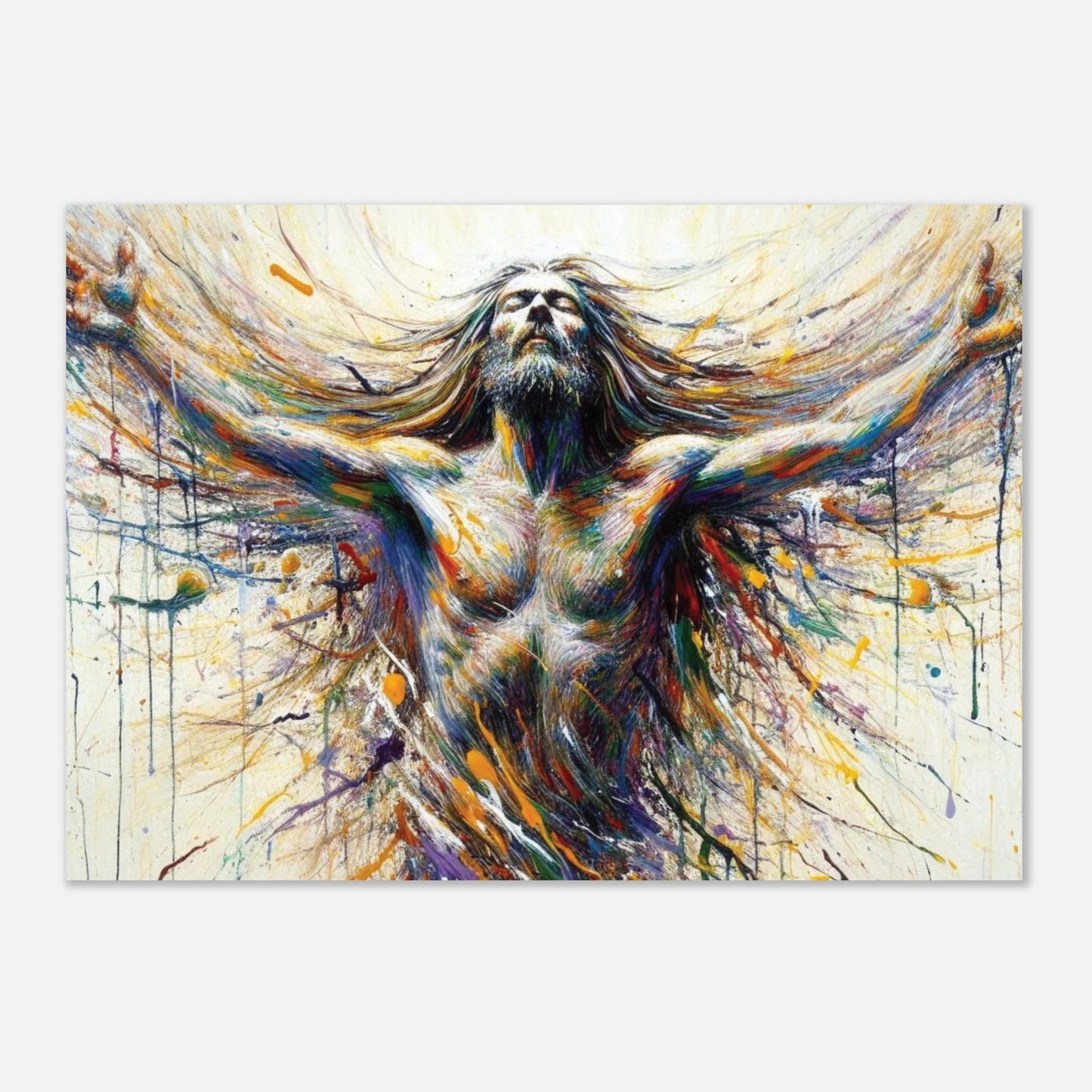 Abstract painting of a male figure with outstretched arms on a white background