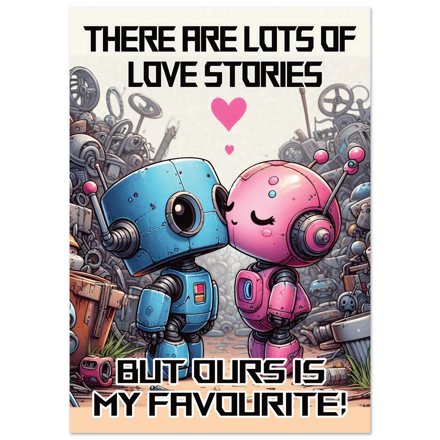 Two robots embracing with hearts and text about love stories on a colorful background
