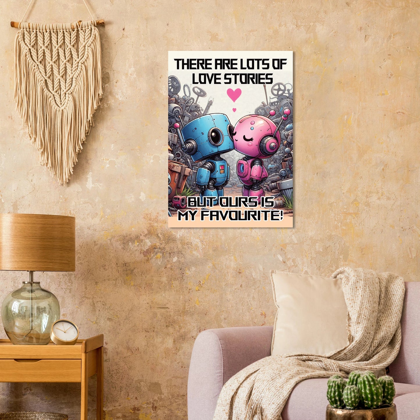 Canvas print with robot couple and text in a living room setting