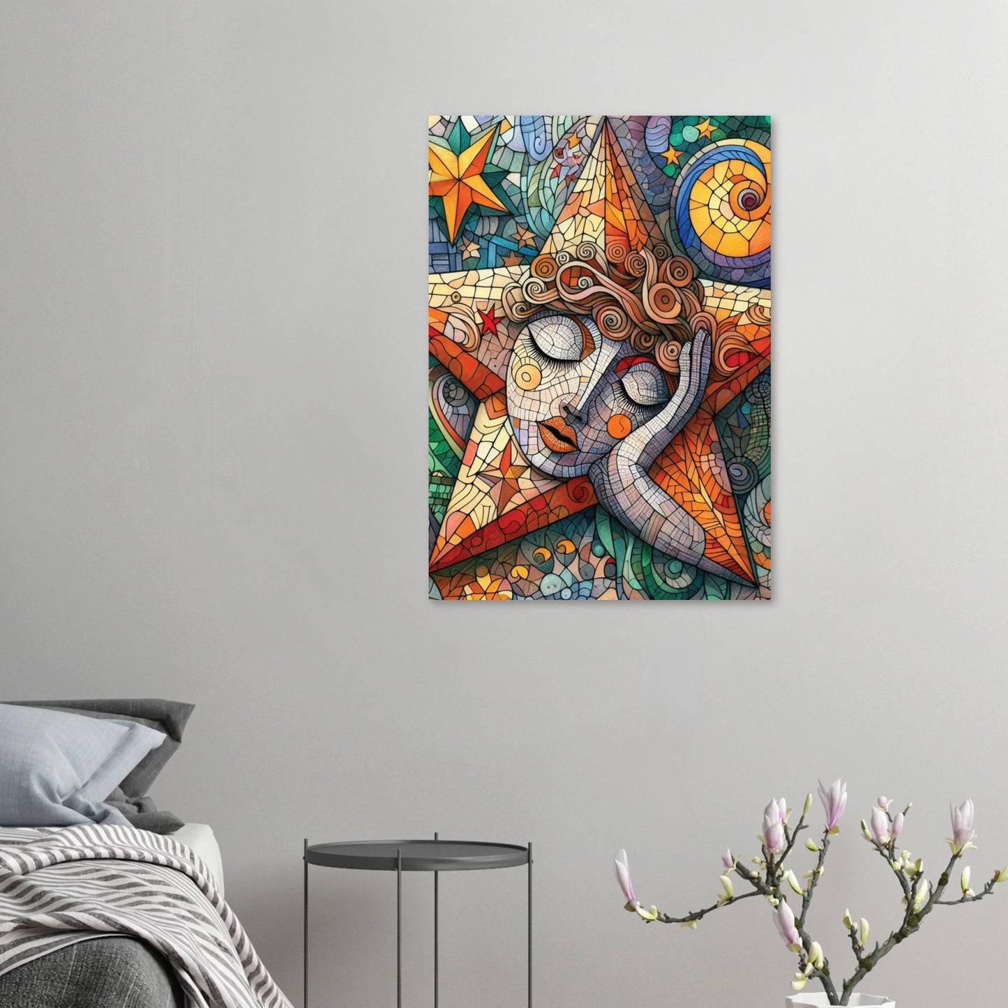 Colourful abstract art piece on a gray wall above a bed.