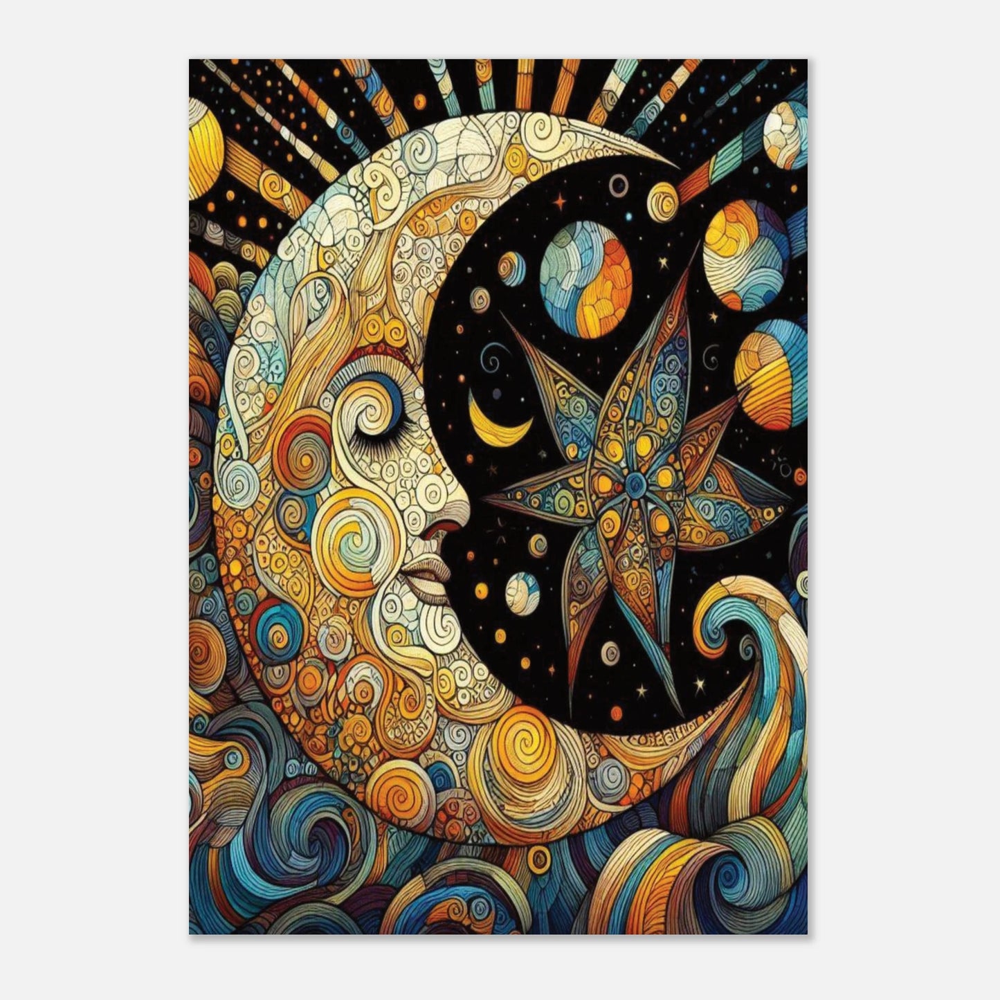 Colourful celestial design of a sleeping moon against a starry night sky.