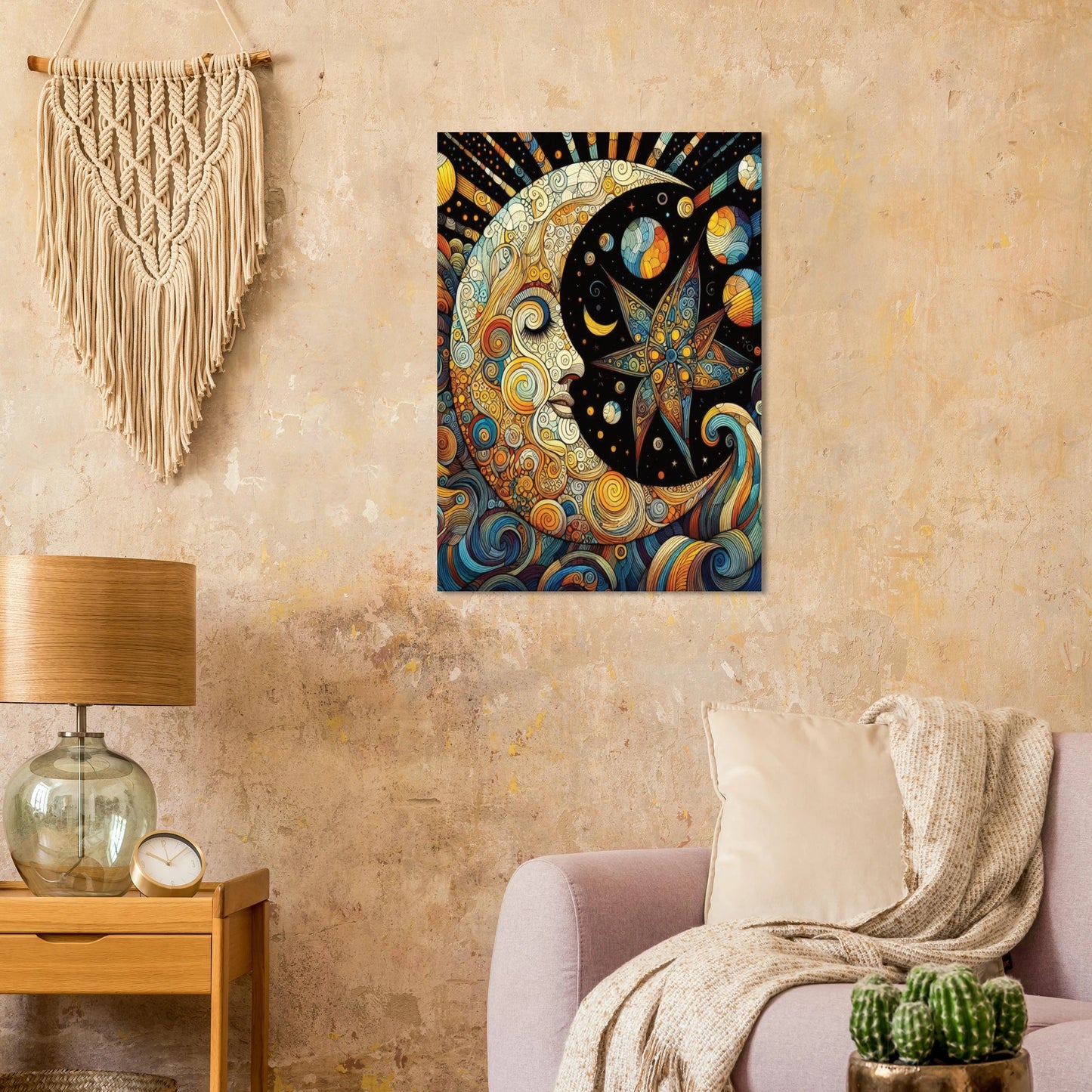 Decorative unframed print of celestial design on a wall above a couch with a lamp and small table.