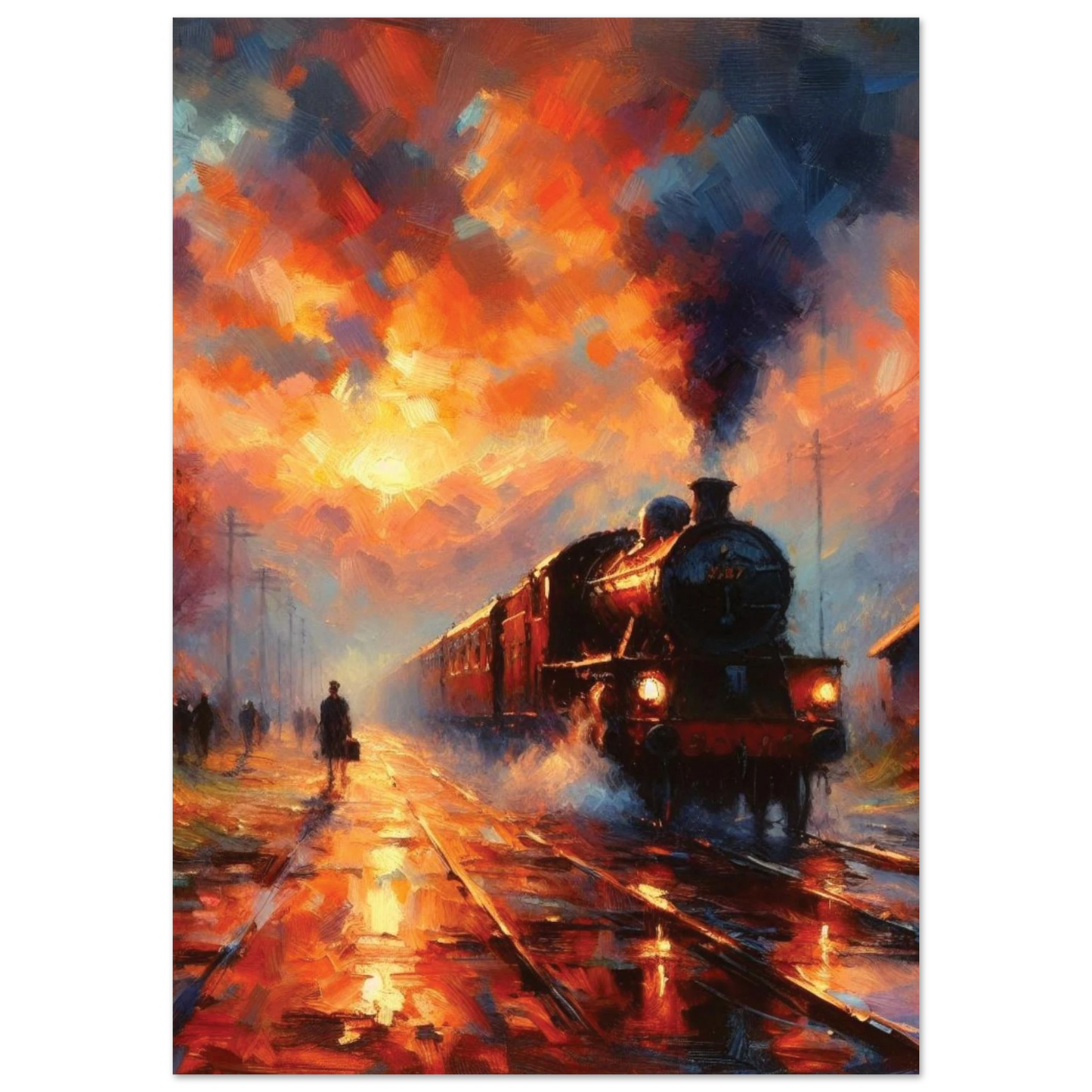 Painting of a steam train on tracks with a dramatic sky