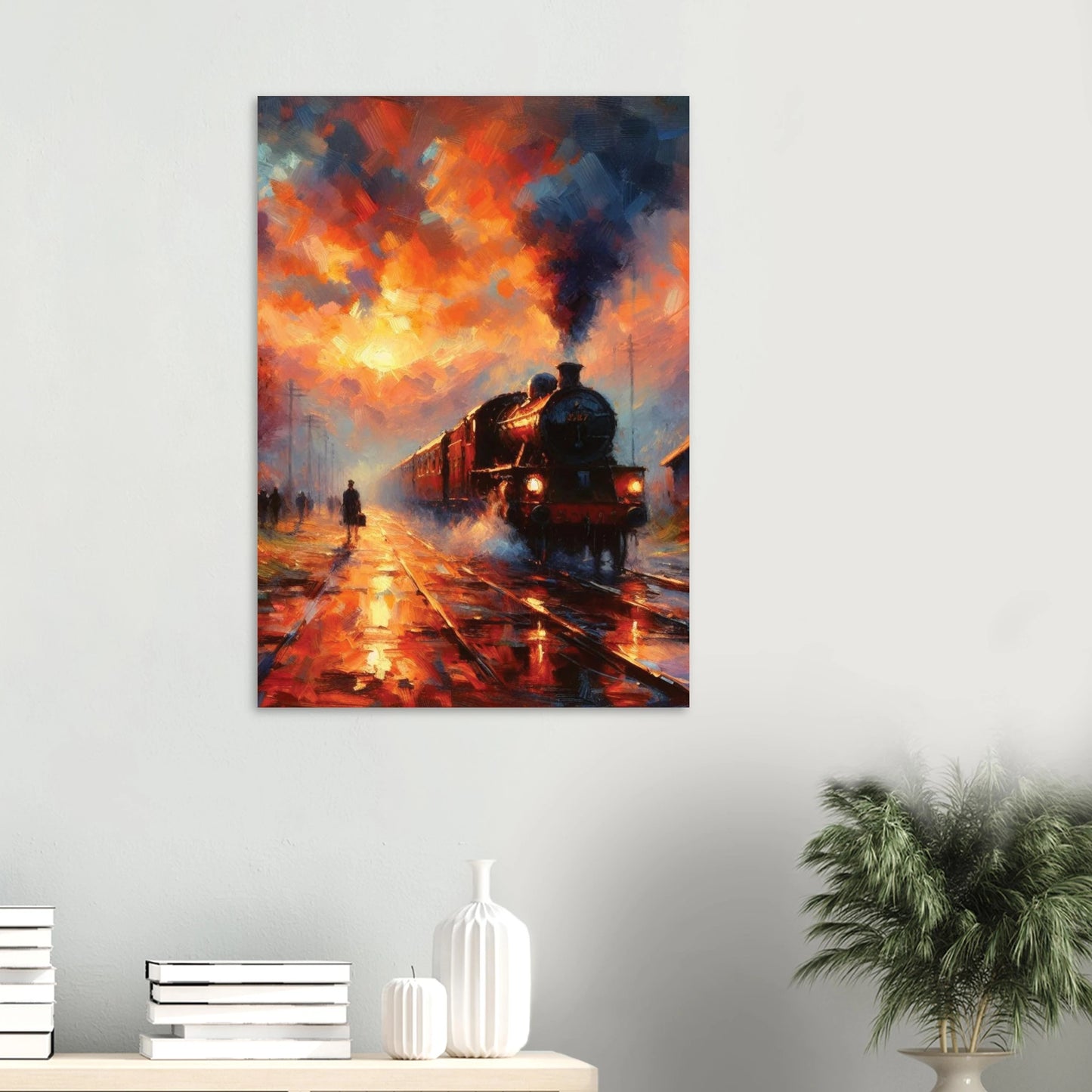 unframed print of a steam train on a rainy day with vibrant colours on a wall.