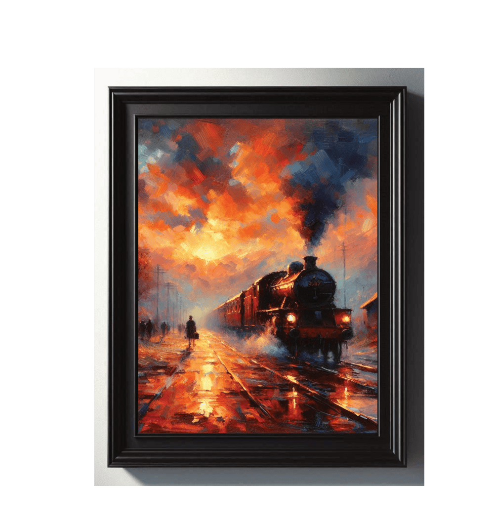 Framed painting of a steam locomotive on tracks with a dramatic sky.