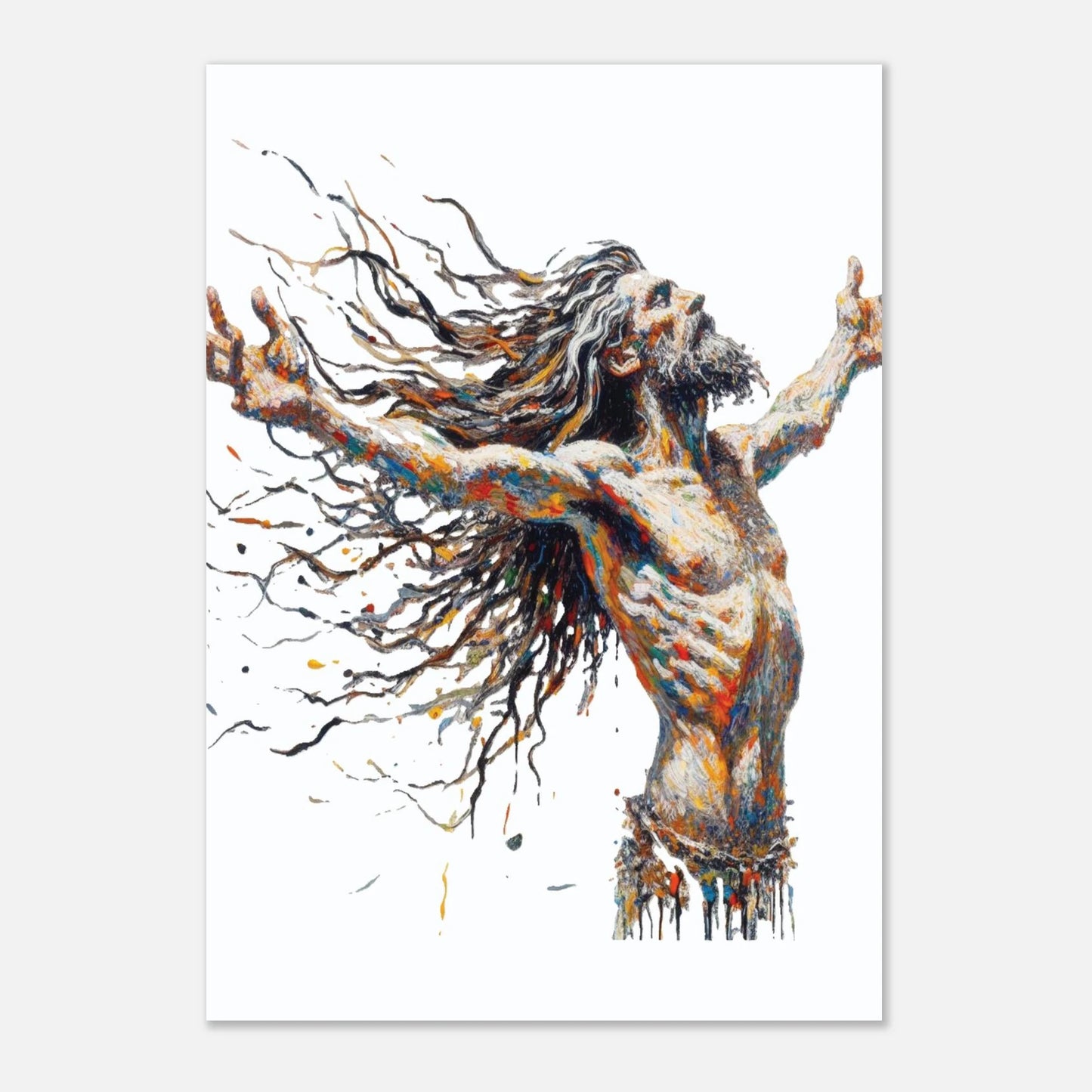 Abstract artwork of a figure with outstretched arms on a white background