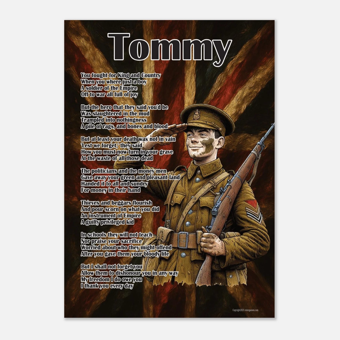 Print of a soldier with a British flag in the background, featuring text.