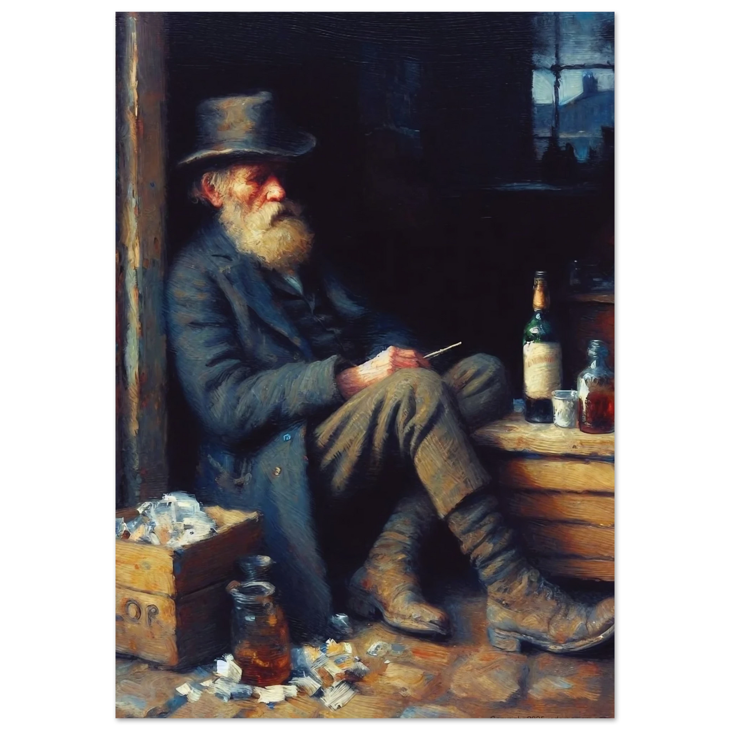 Painting of a man sitting in a dimly lit room with a bottle and other items around him.