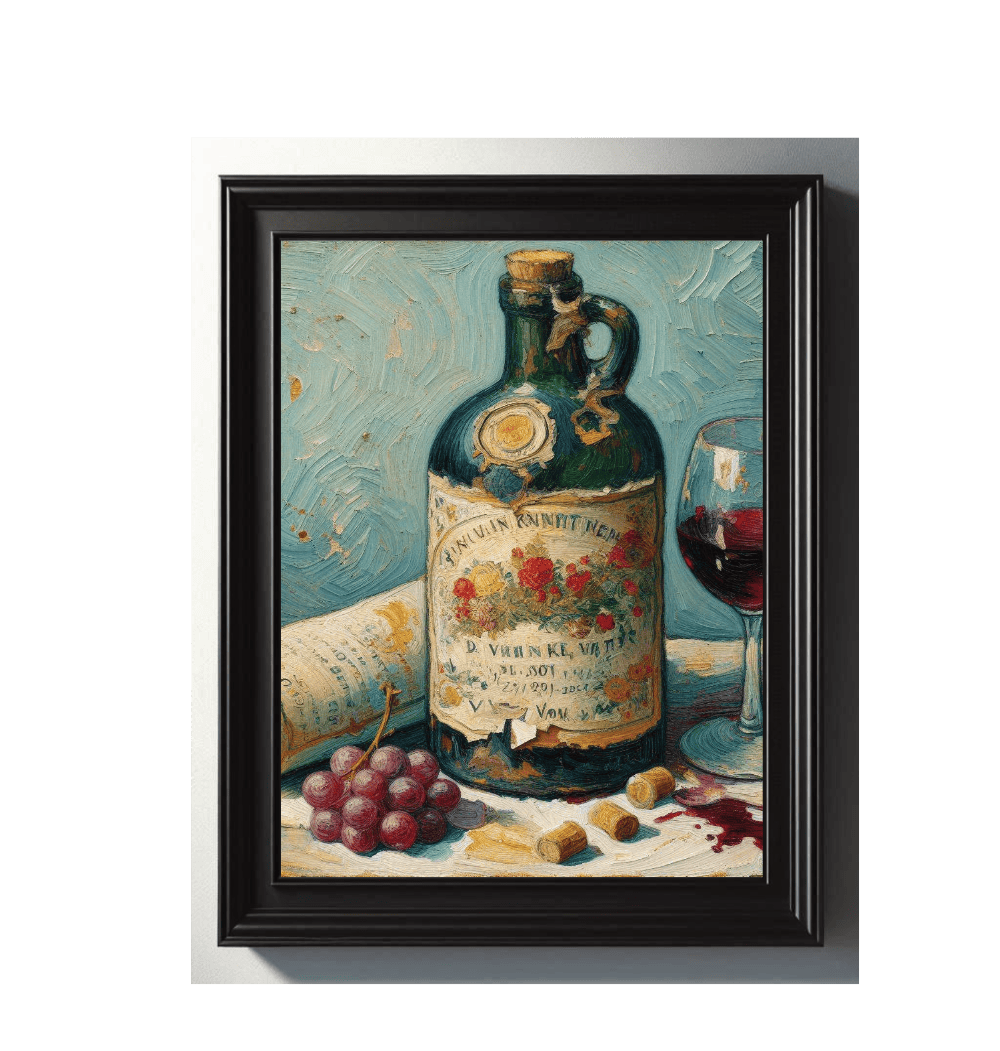 Framed print of a bottle with a label, grapes, and a glass of red wine on a textured surface.
