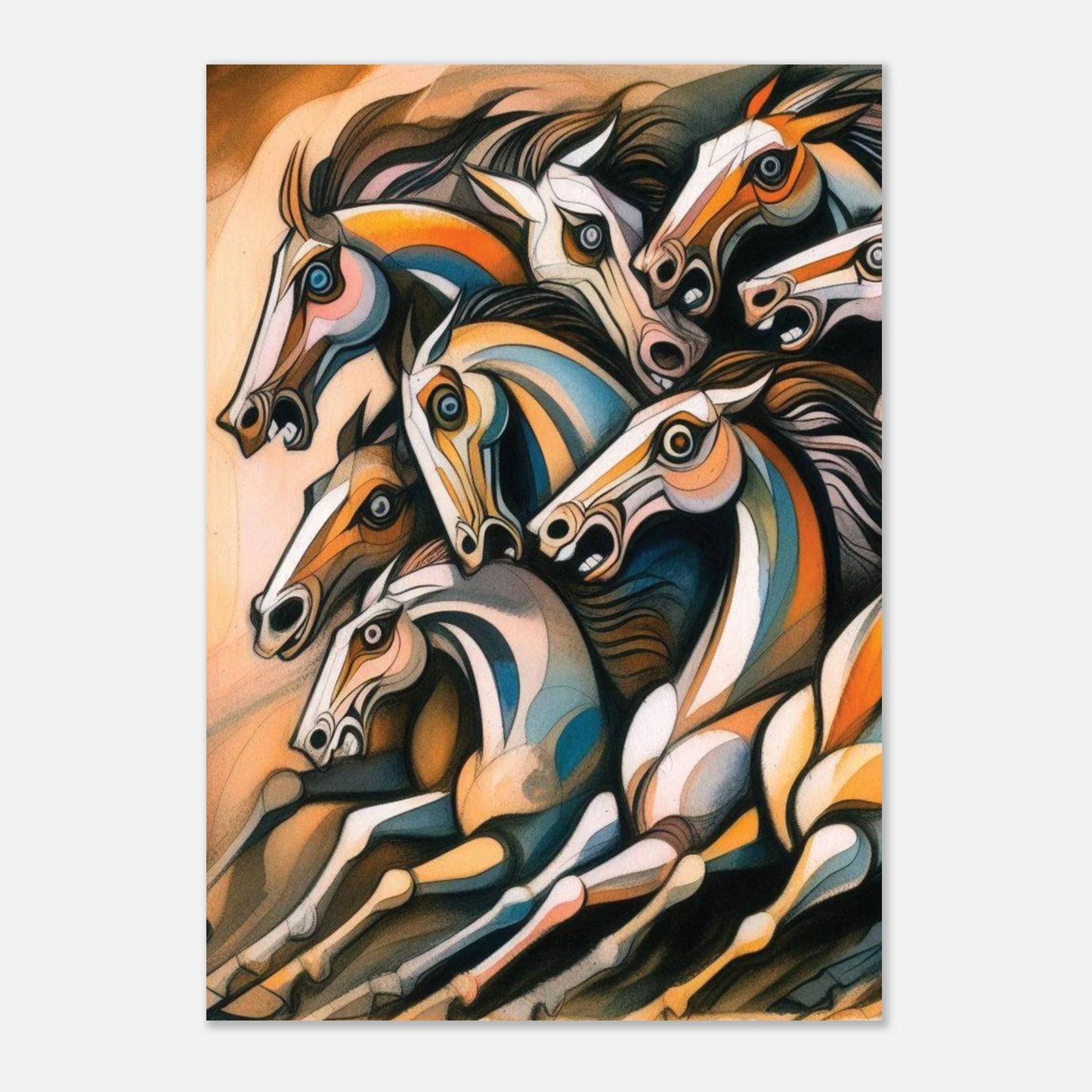 Colorful abstract painting of horses on a white background
