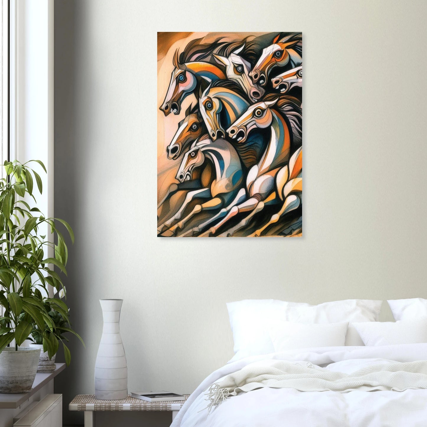 Colorful abstract painting of horses on a wall above a bed
