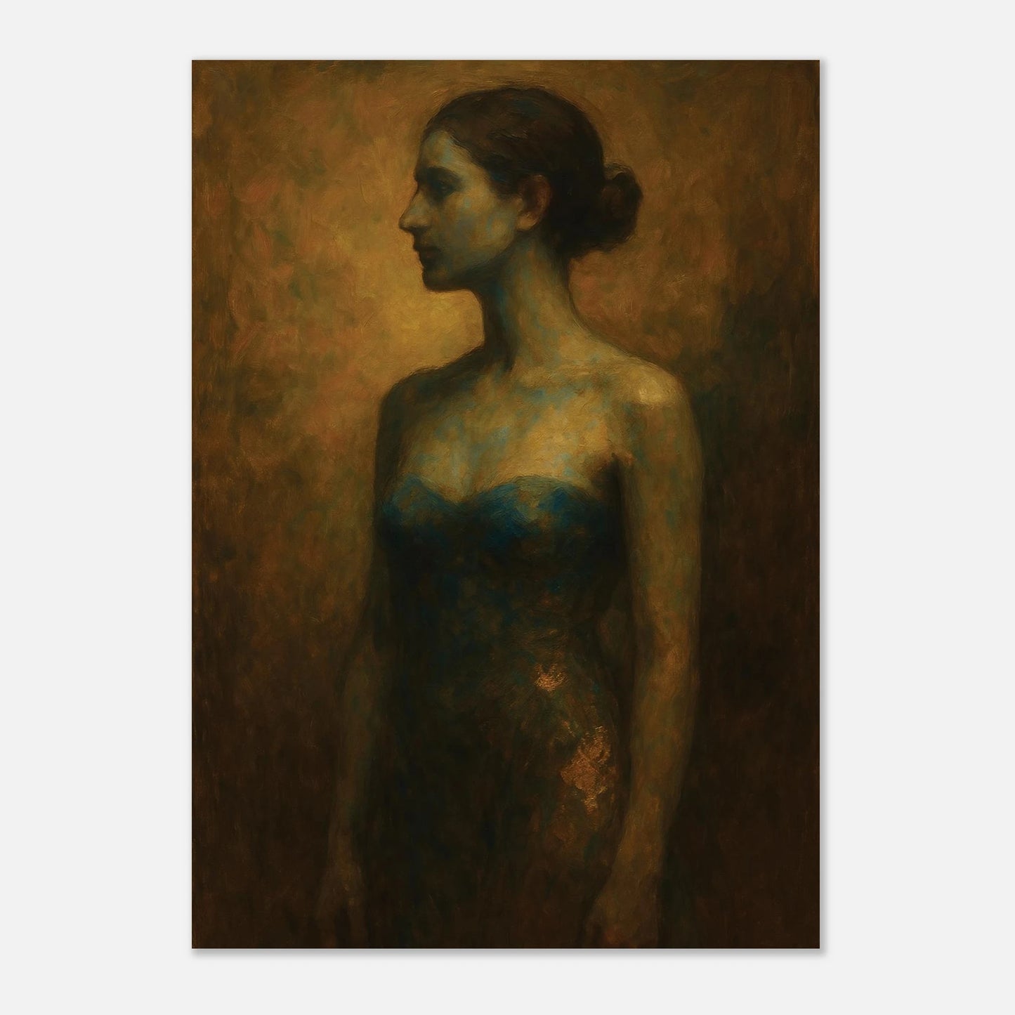 Artistic depiction of a woman in a strapless dress with a textured brown background