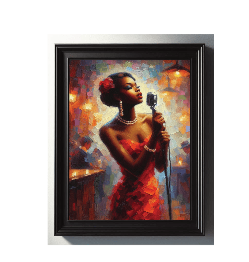 Framed wall art print of a woman in a red dress holding a microphone against a colourful background.