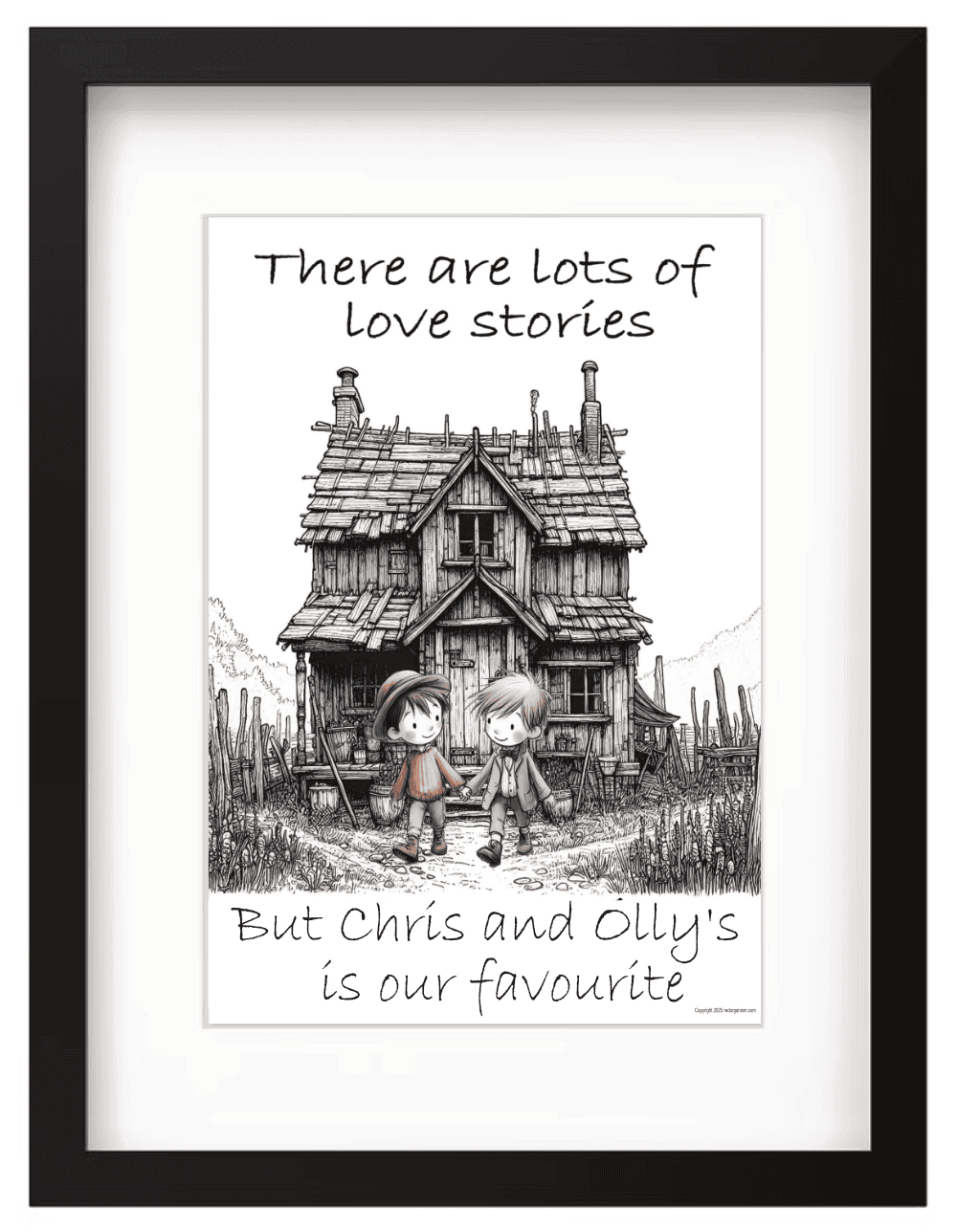 Framed illustration of two children by a house with text about love stories.