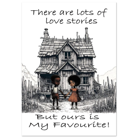 Illustration of two children standing in front of a small house with text about love stories.