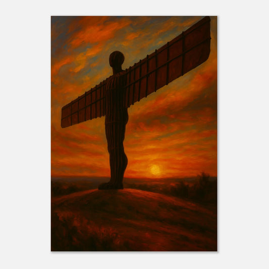 Silhouette of a statue with outstretched wings against an orange sunset sky