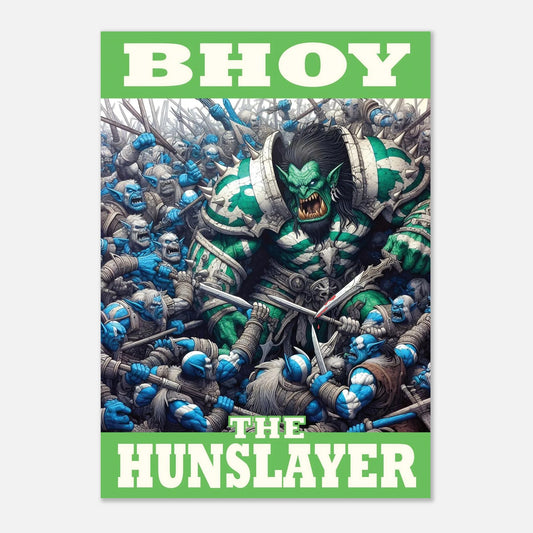 Poster of a green and white warrior called BHOY in battle
