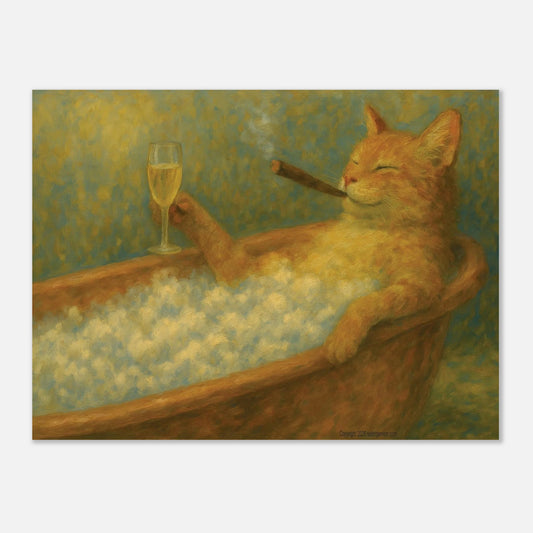 Cat in a bathtub with a glass of champagne and a cigar, against a textured green background
