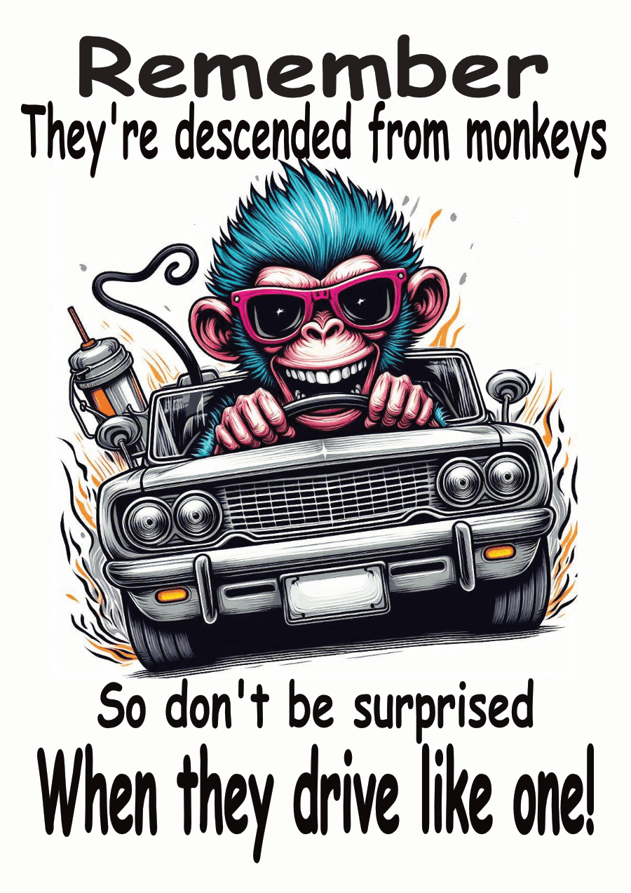 Cartoon monkey with sunglasses driving a car, with humorous text about driving.