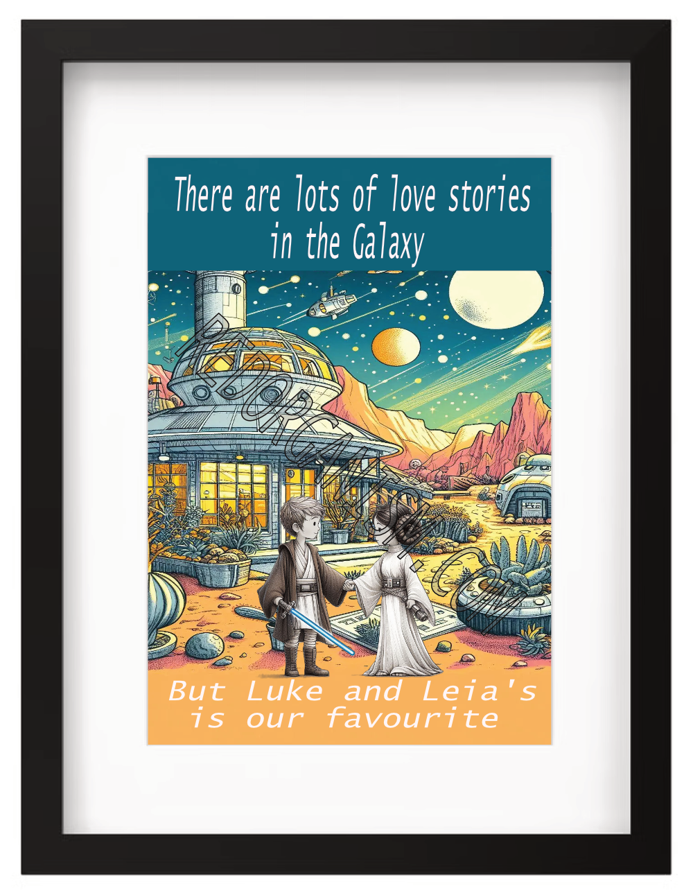 Framed poster with a space-themed illustration of a couple and text about love stories in the galaxy.