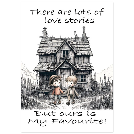 Illustration of two boys standing in front of a small house with text about love stories.