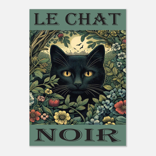 Art print of a black cat surrounded by foliage with 'Le Chat Noir' text.
