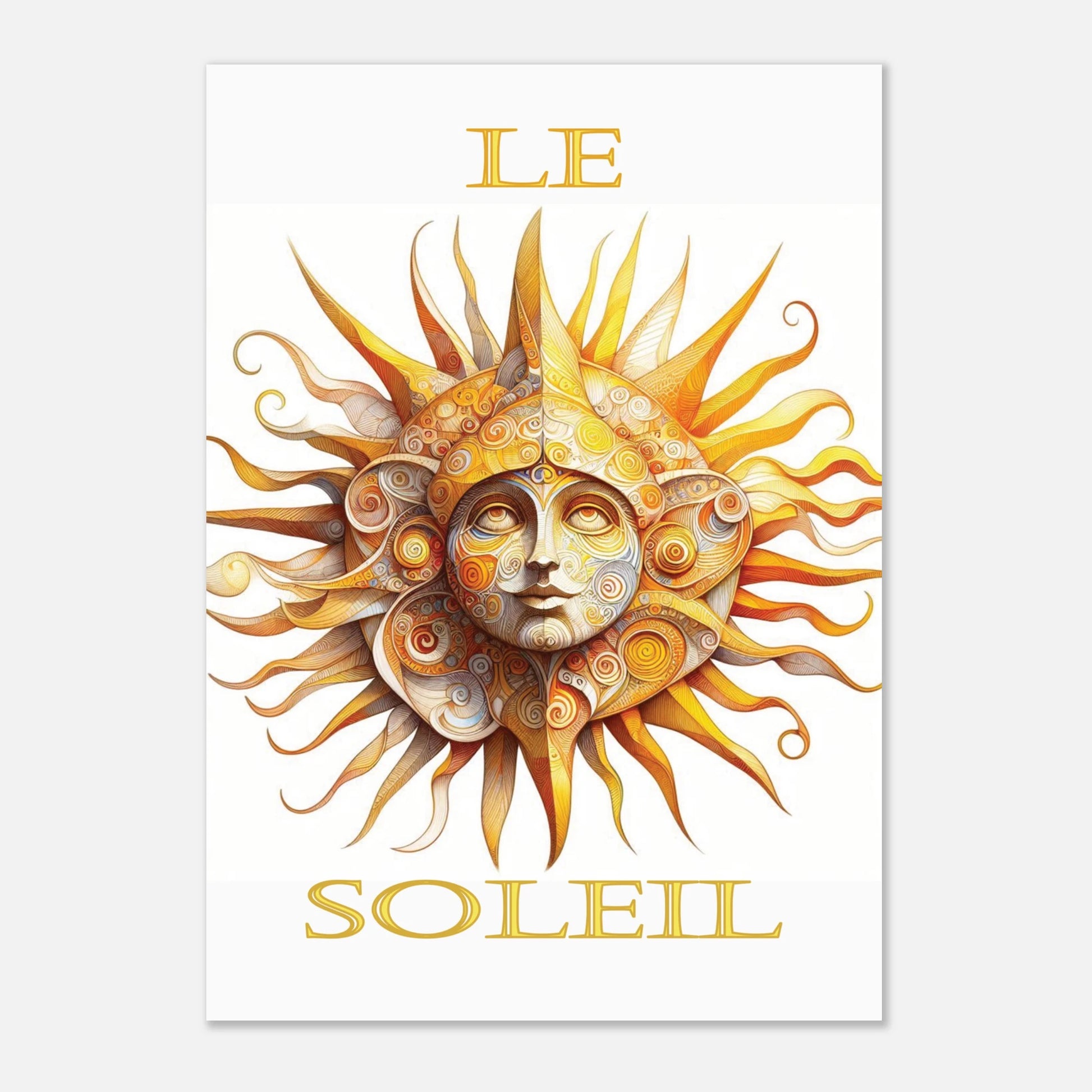 Decorative poster with a stylized sun design and 'Le Soleil' text on a white background
