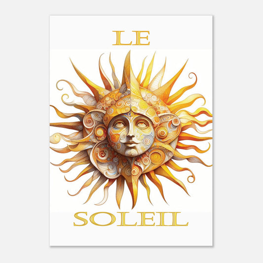 Decorative poster with a stylized sun design and 'Le Soleil' text on a white background