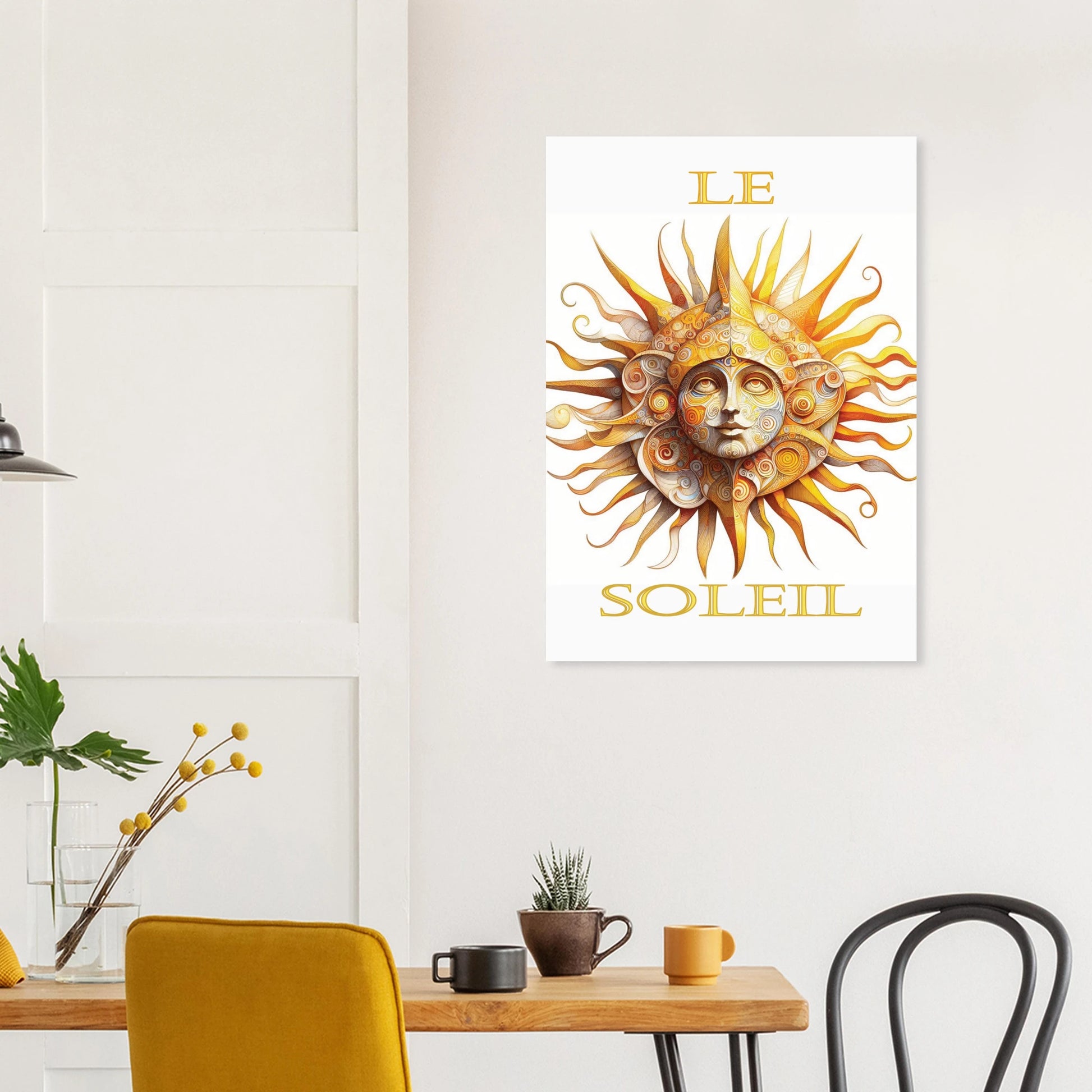 Decorative sun wall art with 'Le Soleil' text in a room with a table and chairs.