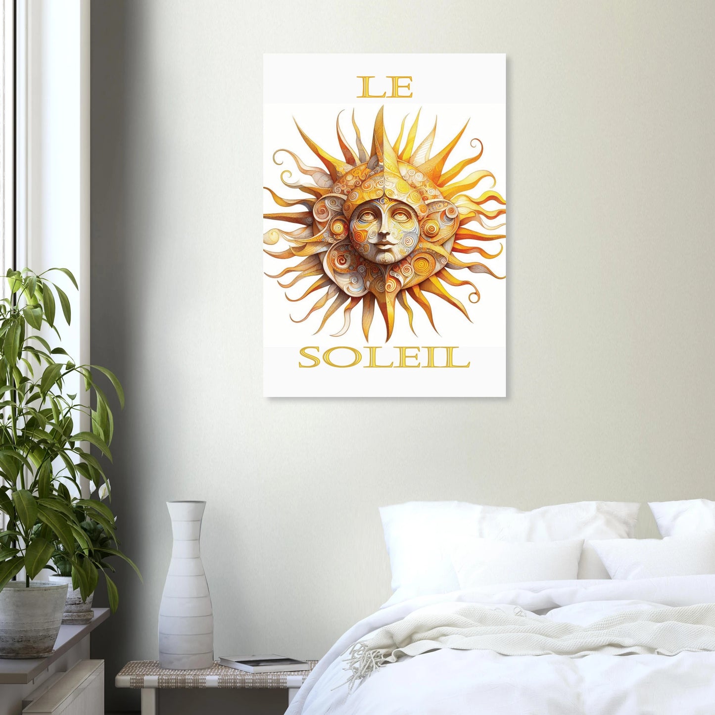 Decorative wall art of a sun with a face on a white background in a bedroom setting.