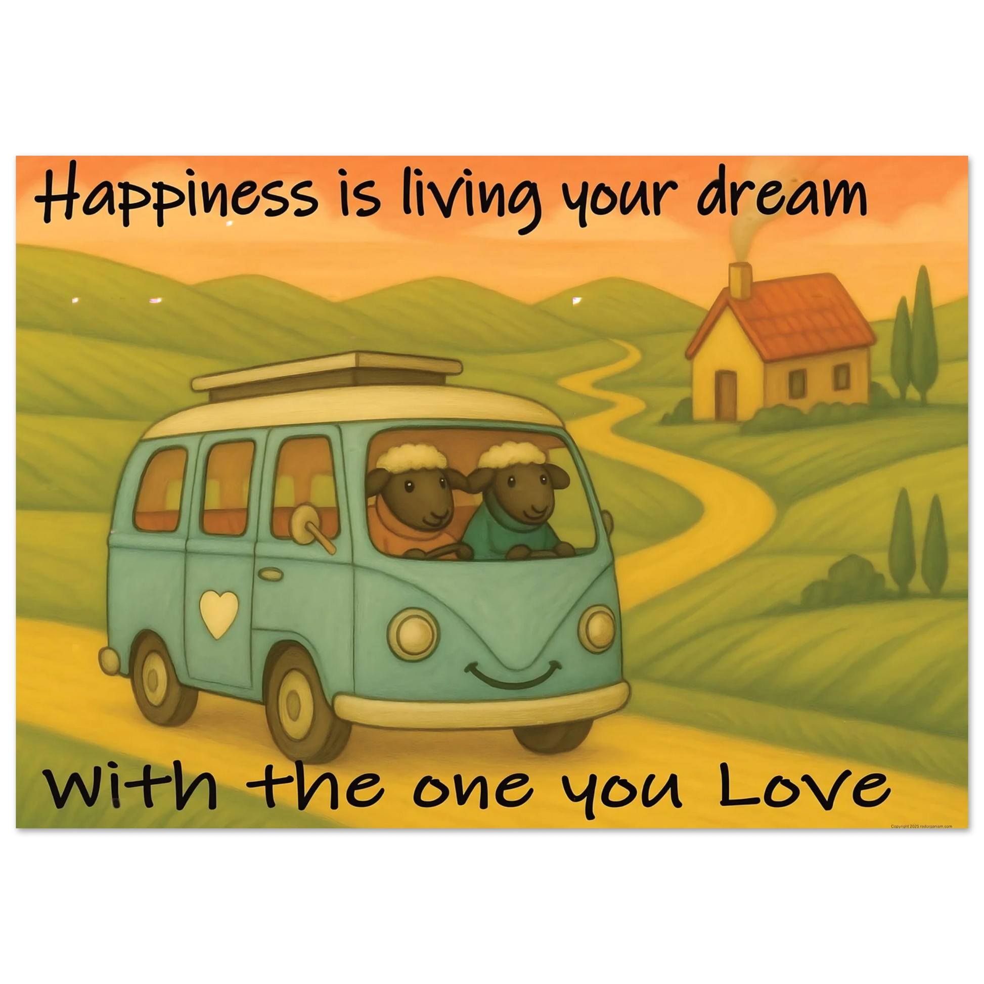 Illustration of two sheep in a van with a scenic background and text about happiness and love.