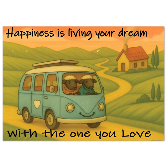 Illustration of two sheep in a van with a scenic background and text about happiness and love.