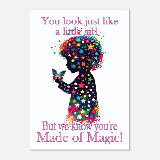 Silhouette of a girl with colorful hair and stars, holding a butterfly, with text on a white background.