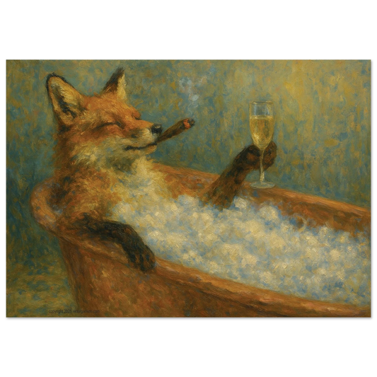 Wall art print of a fox in a bathtub with a glass of champagne
