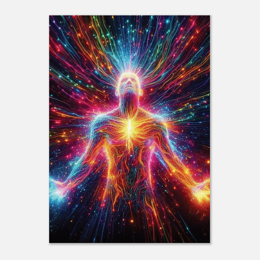 Colorful abstract design of a human figure with radiant energy beams on a white background