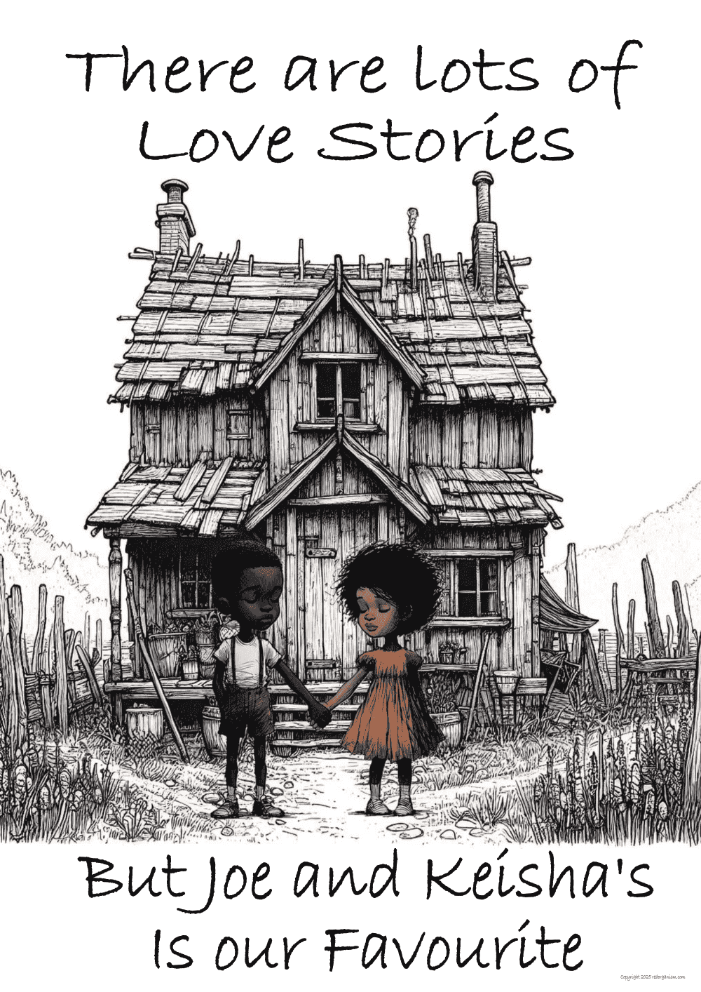 Illustration of two black children holding hands in front of a small wooden house with text about love stories. 