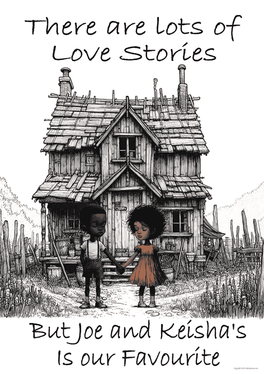 Illustration of two black children holding hands in front of a small wooden house with text about love stories. 