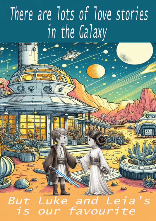 Illustration of a futuristic planet with a spaceship and two characters, featuring text about love stories in the galaxy.