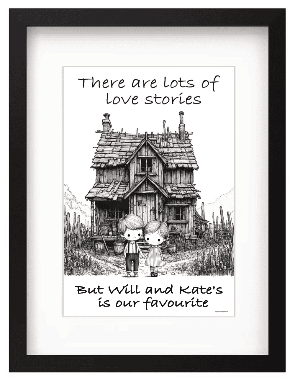 Framed artwork with a couple and house illustration and text about love stories.
