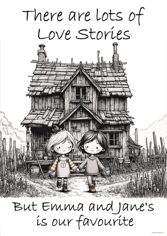 Illustration of two children holding hands in front of a small house with text about love stories.