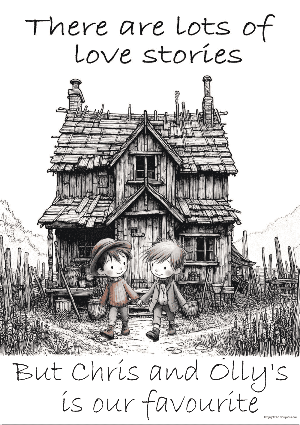 a picture of two cute boys holding hands in front of a house with text about their love story