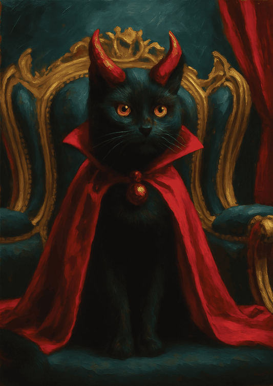 Black cat with red cape and horns sitting on an ornate chair.
